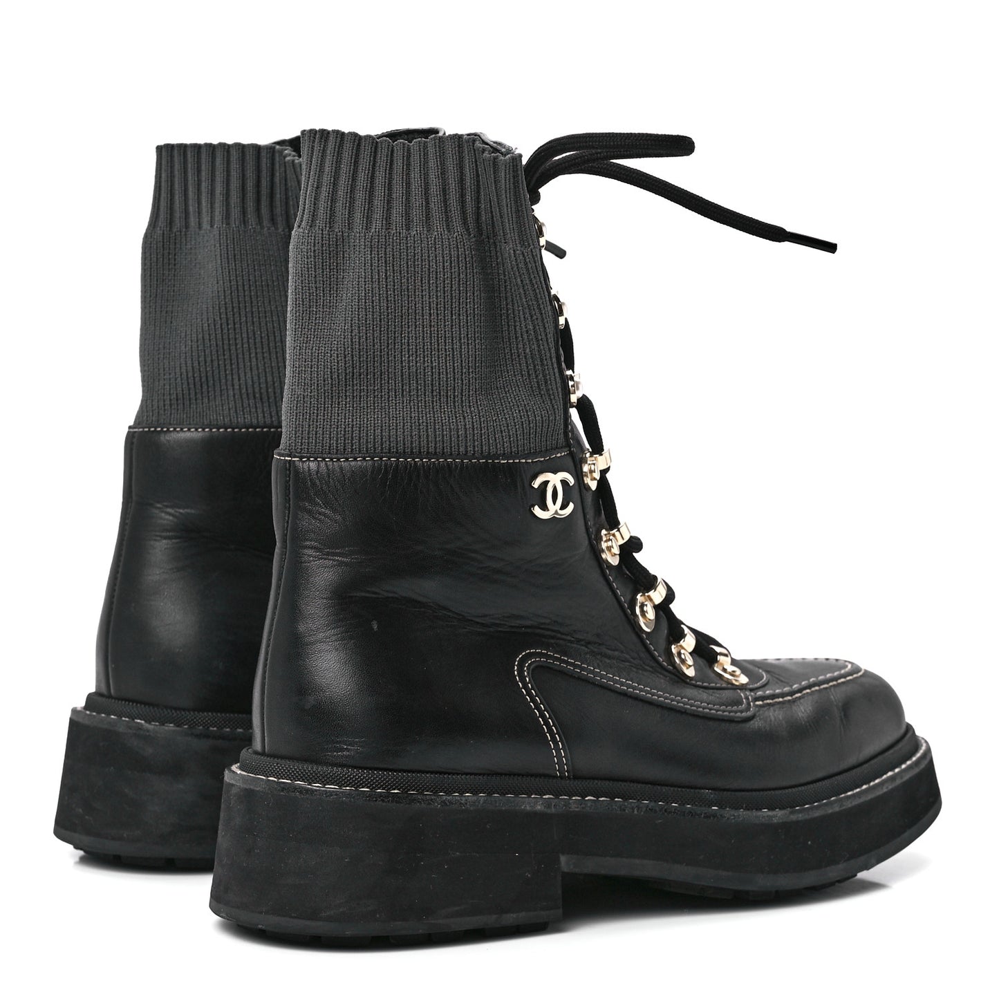 Calfskin Knit Lace Up Combat Boots 37.5 Black