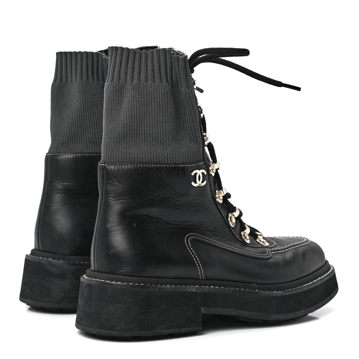Chanel Calfskin Knit Lace Up Combat Boots 37.5 Black 4 of 7