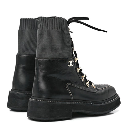 Chanel Calfskin Knit Lace Up Combat Boots 37.5 Black 4 of 7