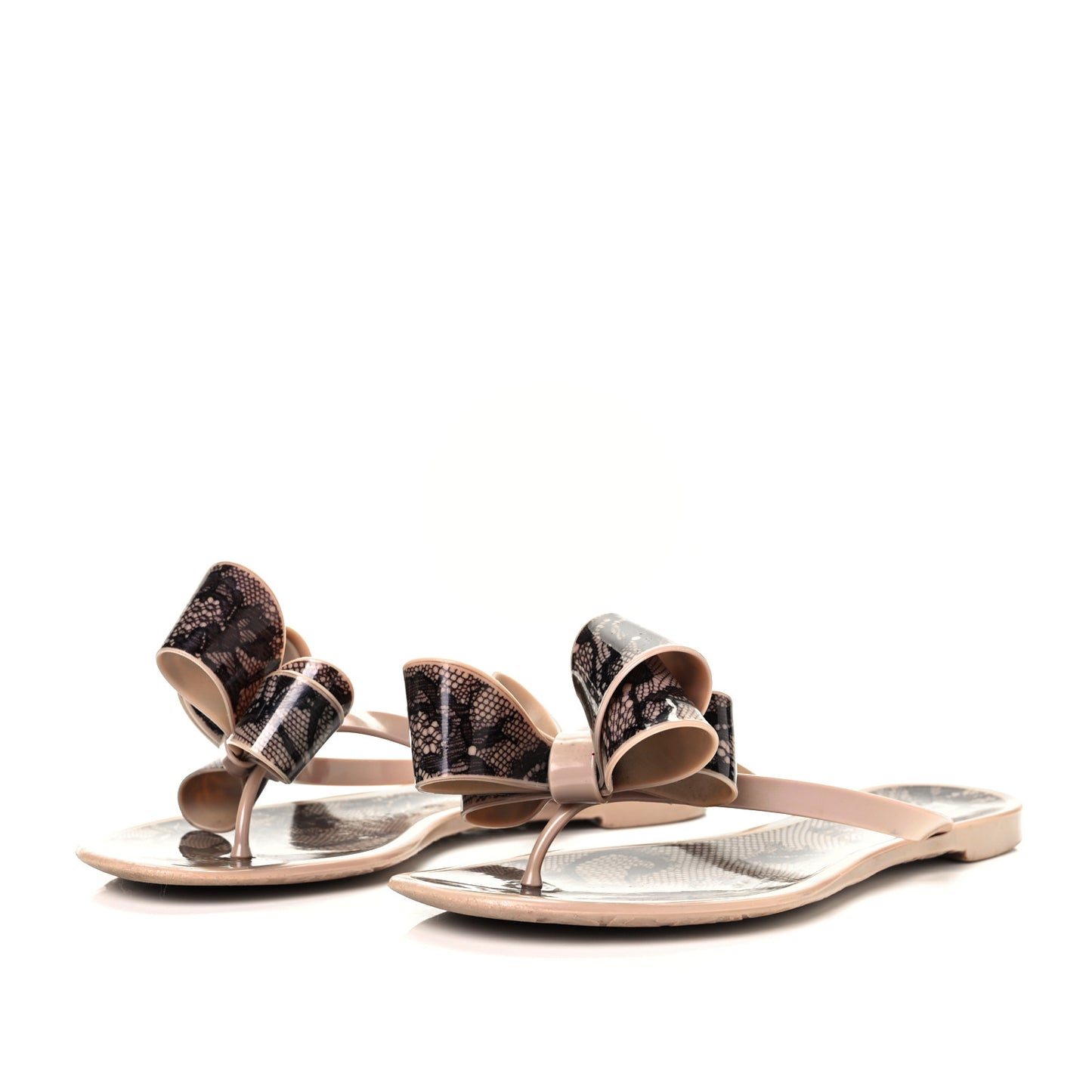 PVC Jelly Lace Print Bow Thong Sandals 36 Black Poudre