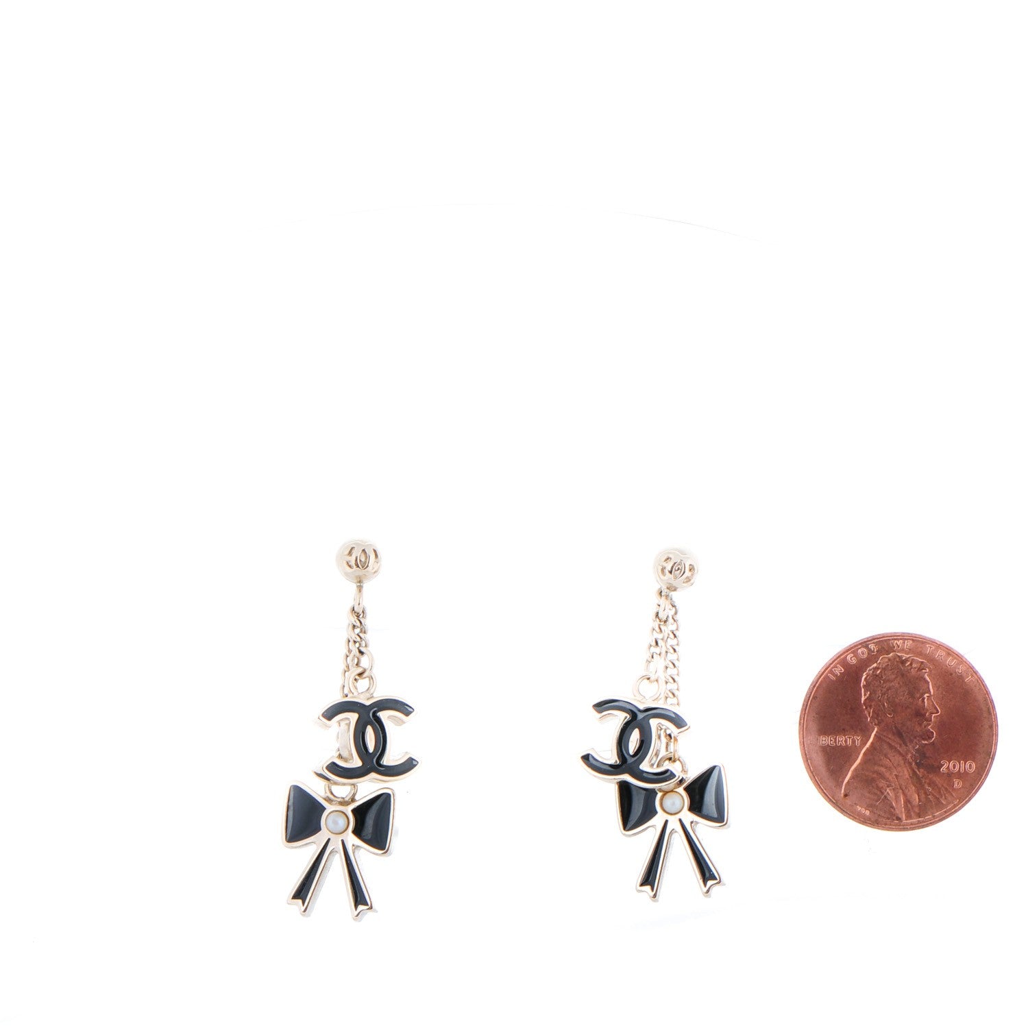 Chanel Enamel Bow CC Dangle Earrings Black Gold 2 of 3