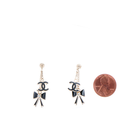 Chanel Enamel Bow CC Dangle Earrings Black Gold 2 of 3