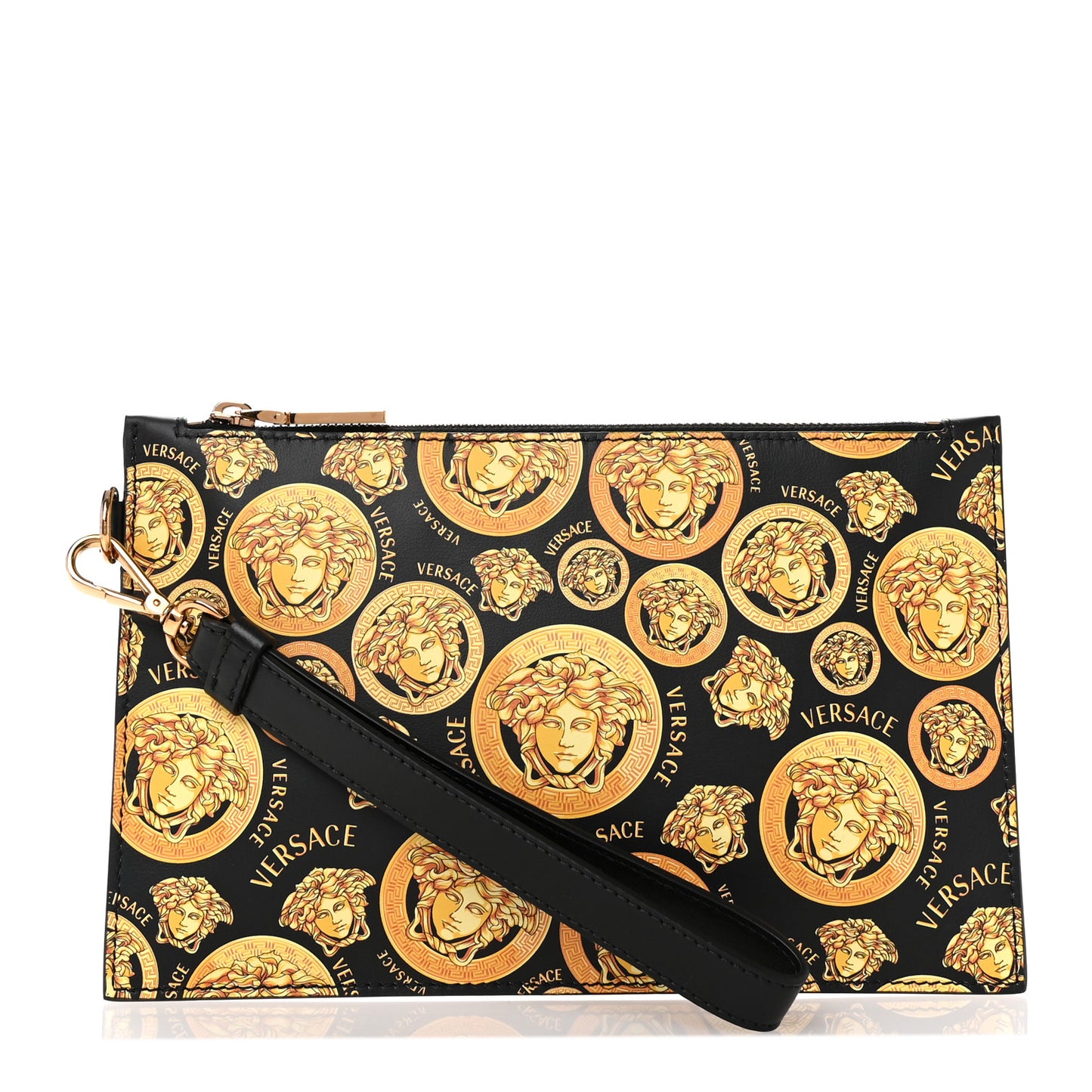 Calfskin La Medusa Print Wristlet Pouch Black Gold