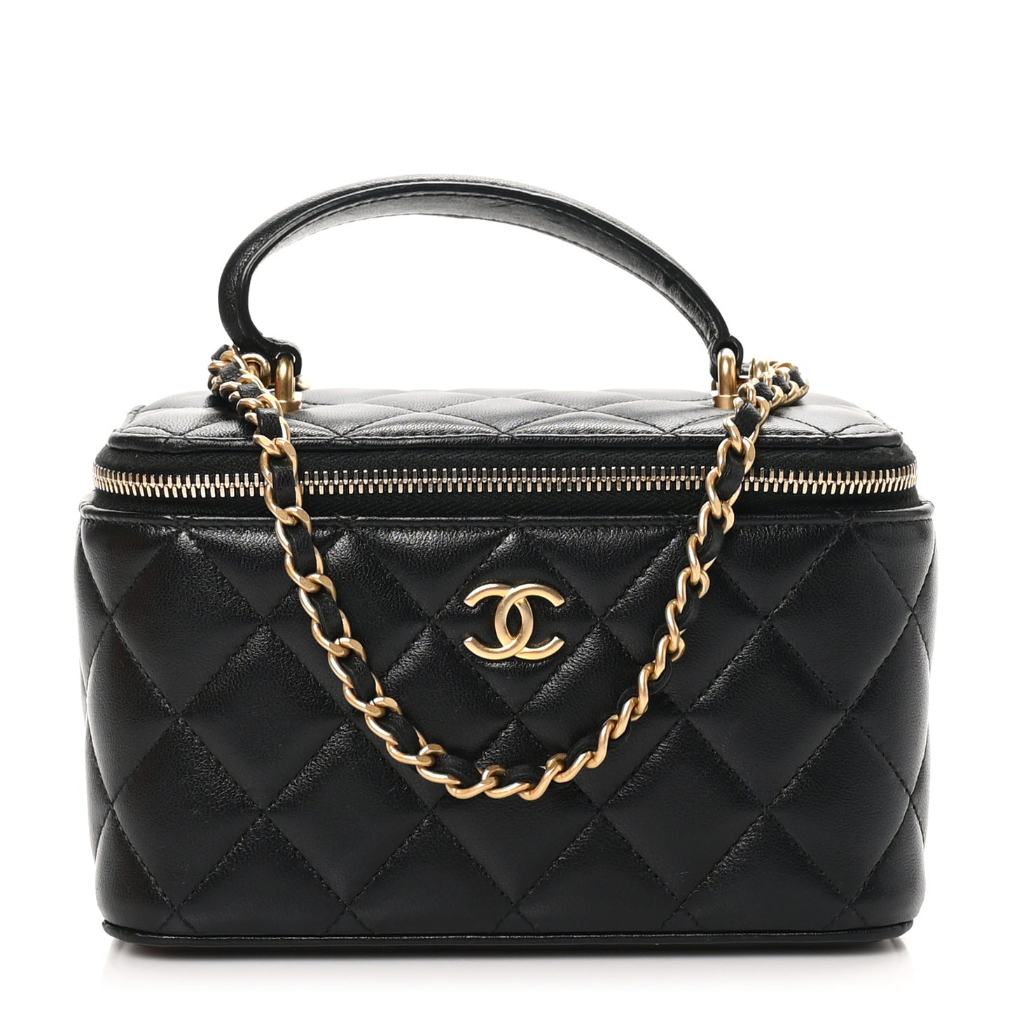 Lambskin Quilted Small Top Handle Vanity Case With Chain Black