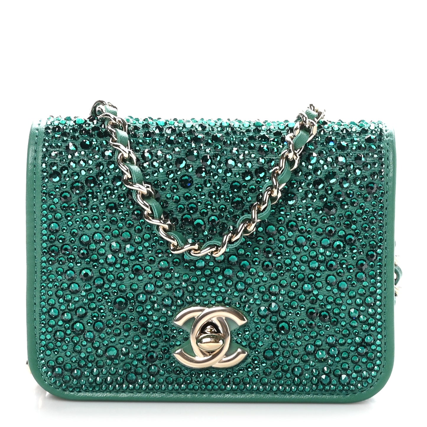 Lambskin Crystal Diamante Clutch With Chain Green