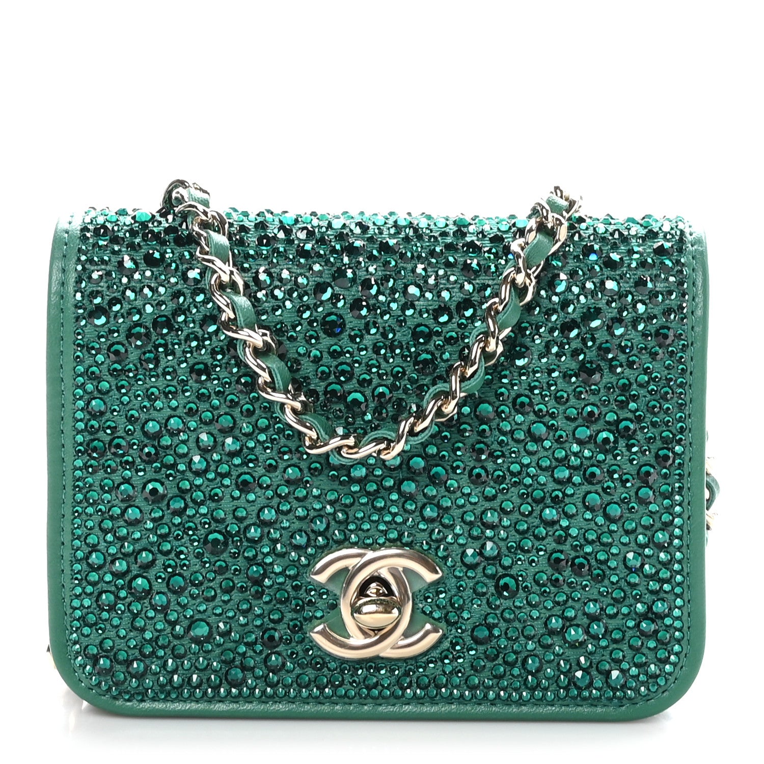 Chanel Lambskin Crystal Diamante Clutch With Chain Green 1 of 12