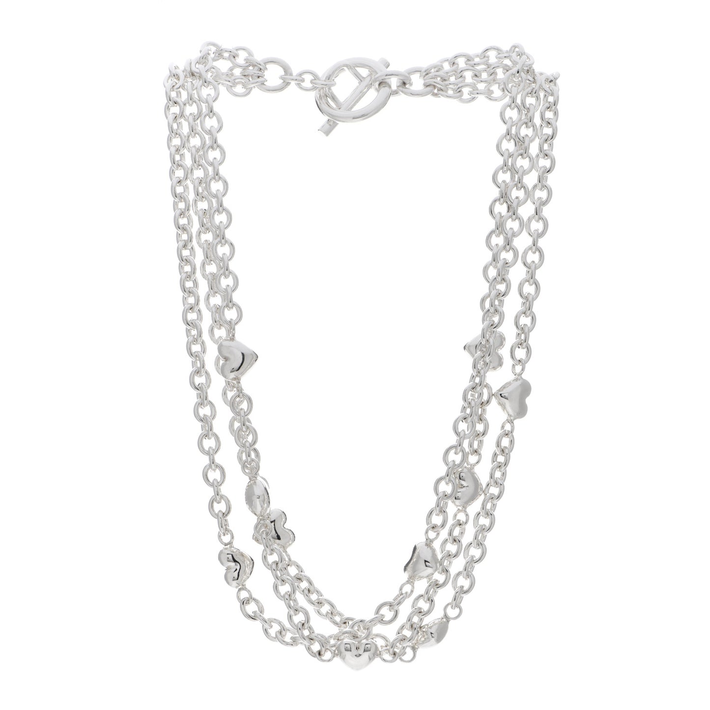 Sterling Silver Puff Heart Multi Strand Necklace