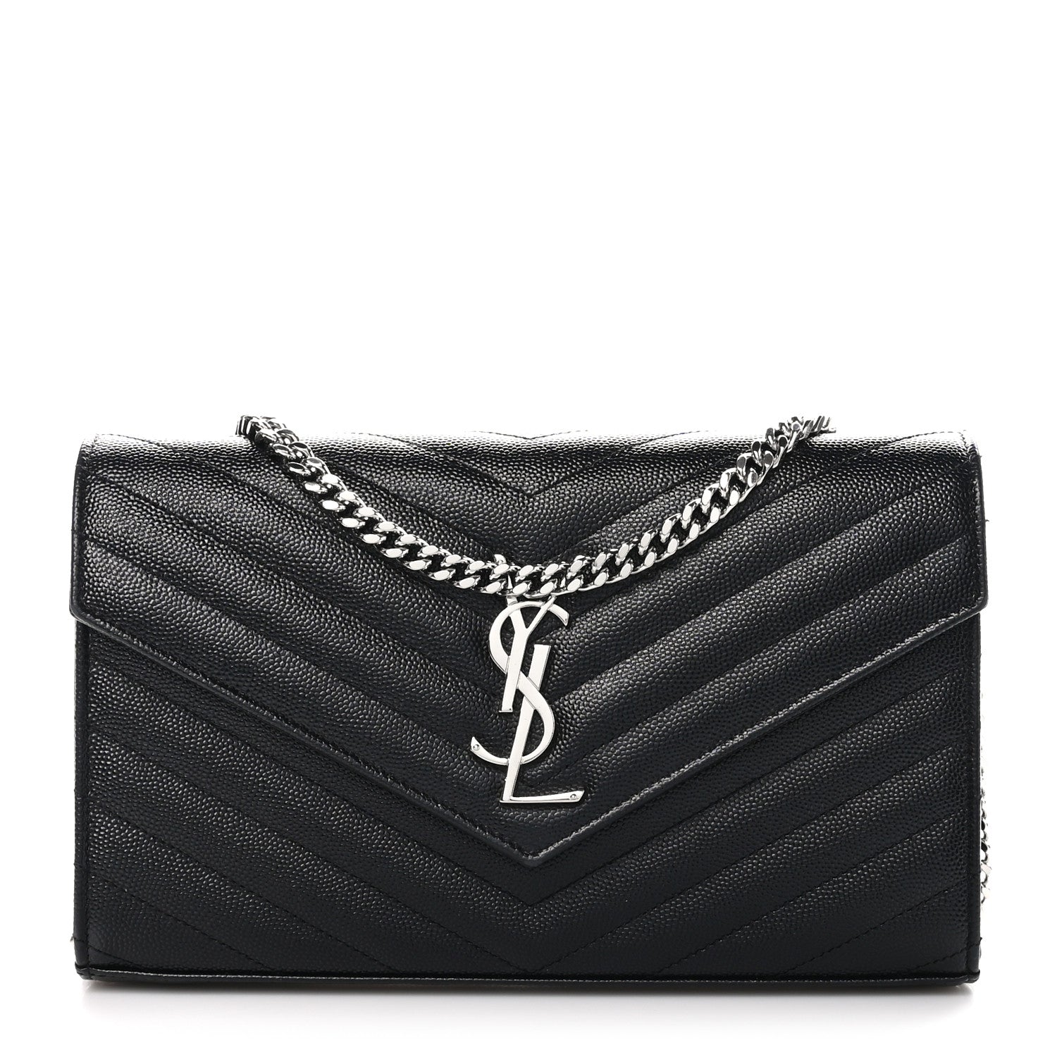 Saint Laurent Grain De Poudre Matelasse Chevron Monogram Chain Wallet Black 1 of 11