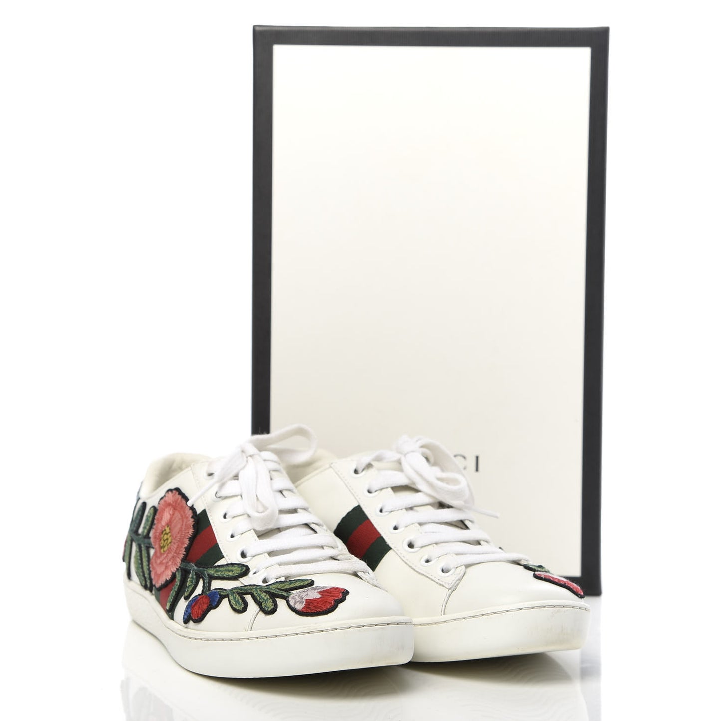 Calfskin Web Floral Embroidered Womens Ace Sneakers 35.5 White