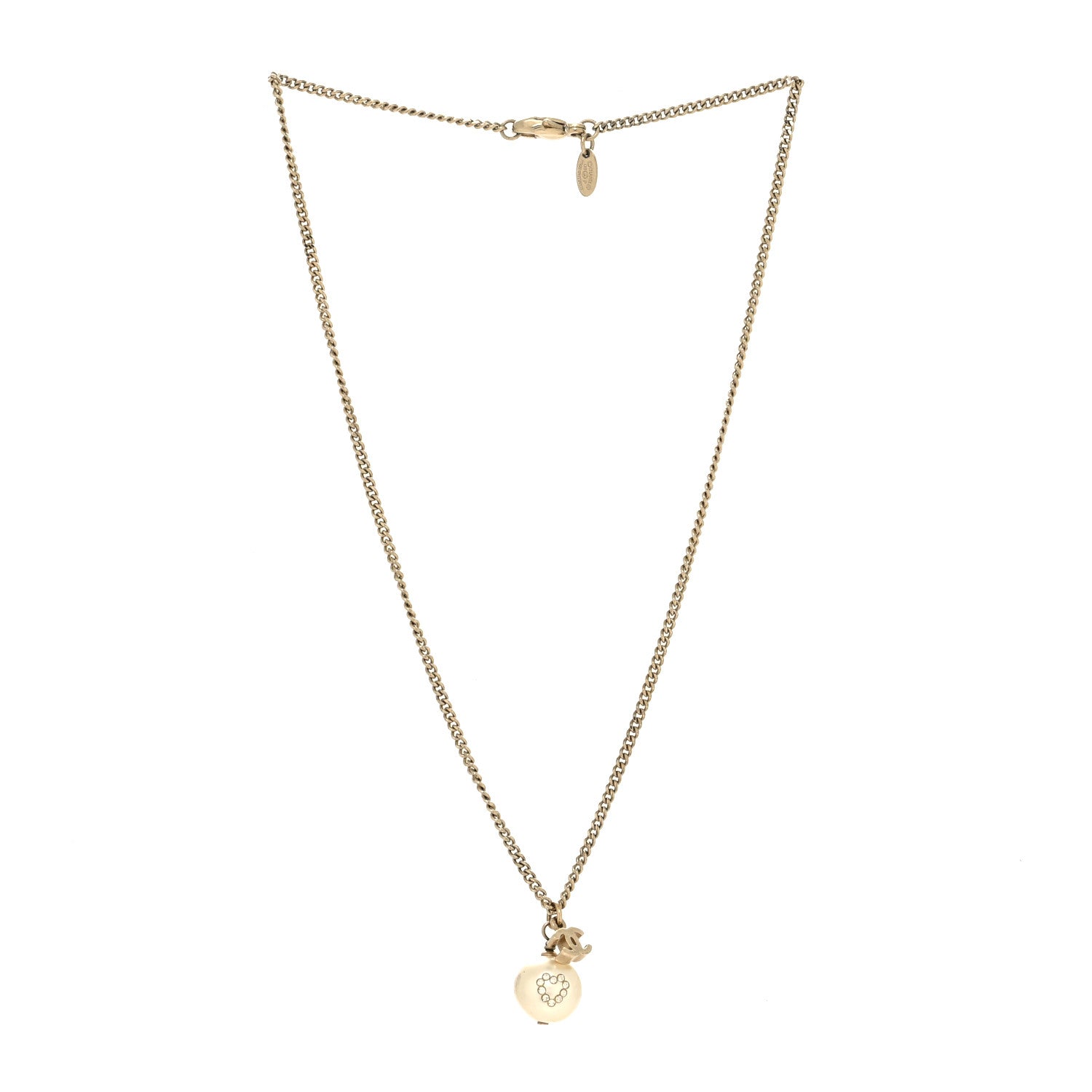 Chanel Pearl Crystal CC Heart Necklace Gold White 3 of 5
