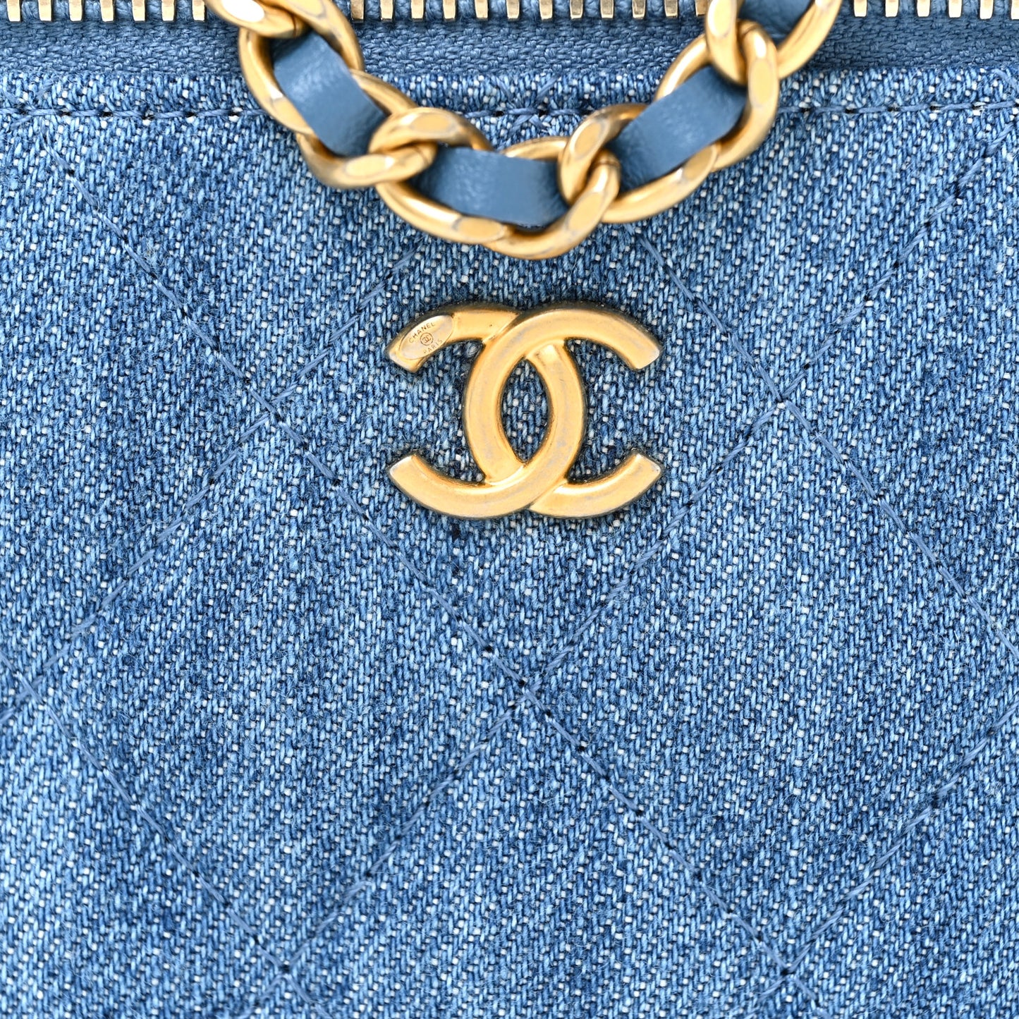 Denim Quilted Mini Pearl Crush Vanity Case With Chain