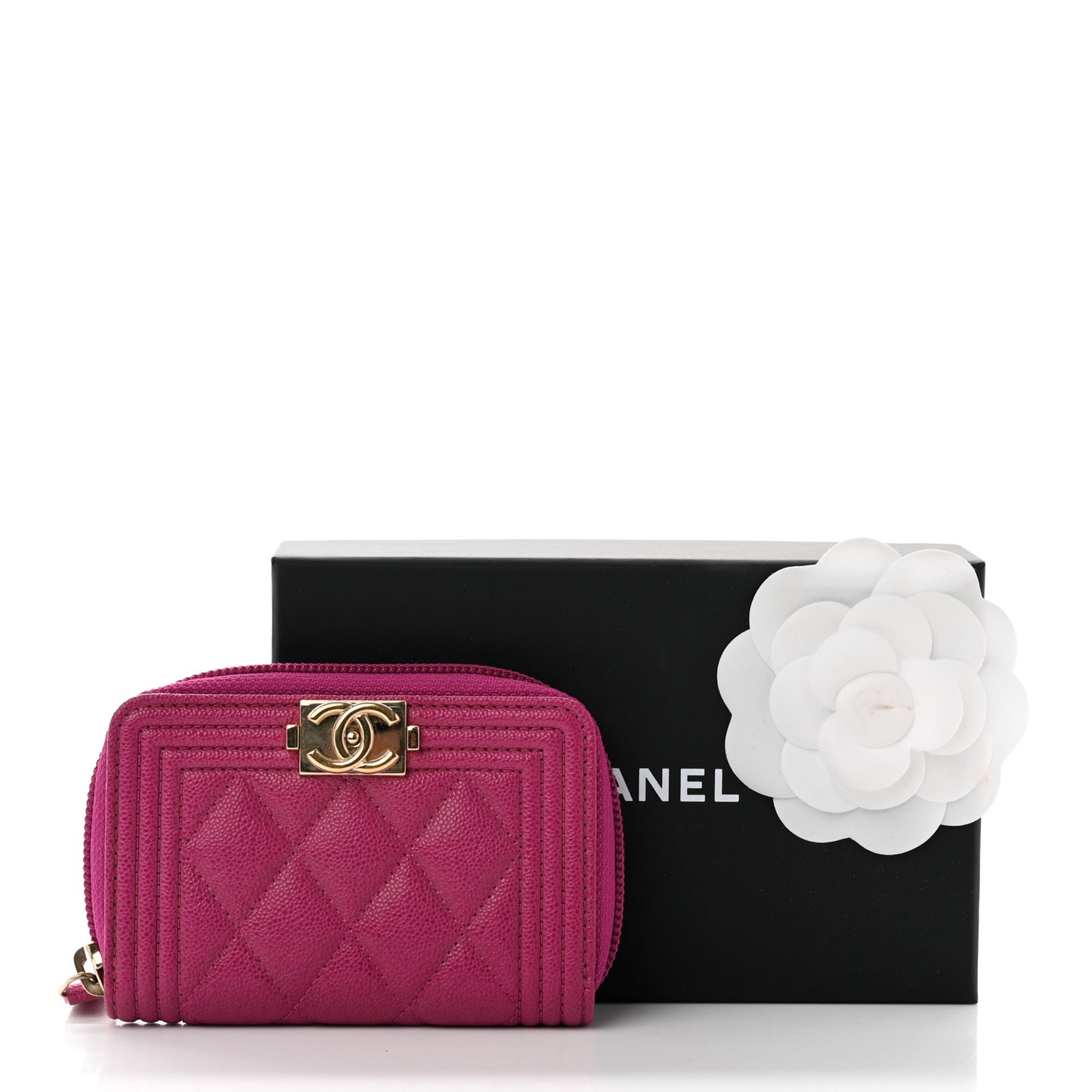 Caviar Quilted Boy Zip Around Coin Purse Wallet Fuchsia