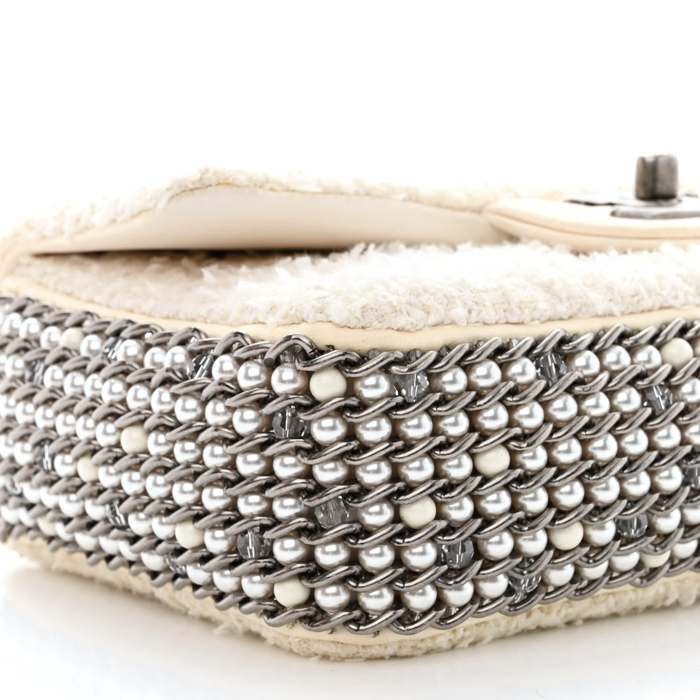 Tweed Quilted Mini Side Pearl Flap Bag Ecru White