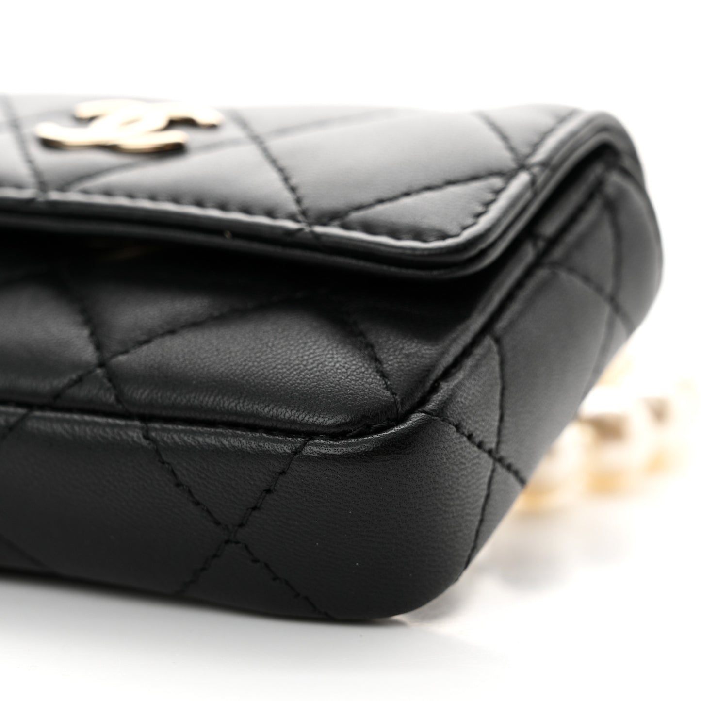 Lambskin Quilted Pearl Chain Belt Bag Black