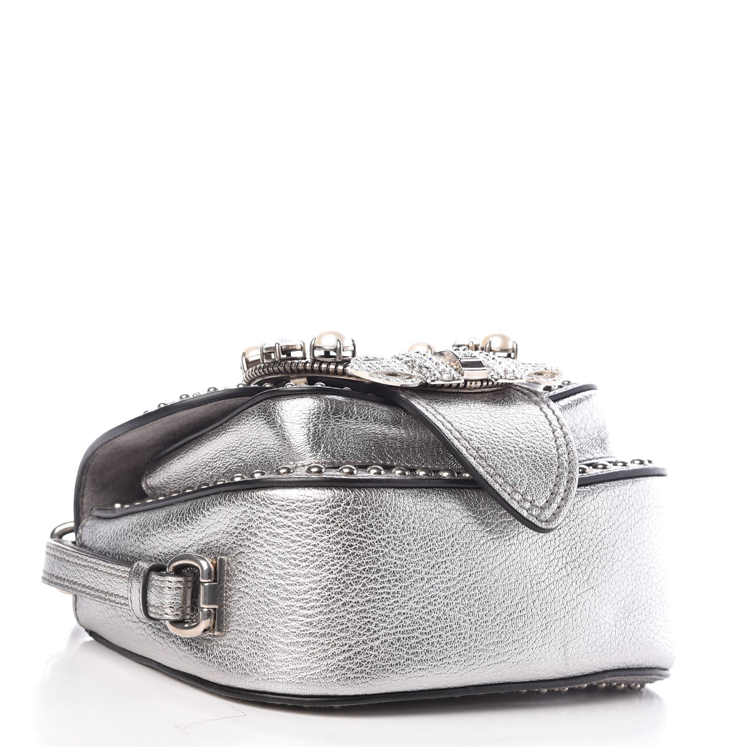 Miu Miu Goatskin Madras Soft Calfskin Crystal Embellished Dahlia Shoulder Bag Chrome 4 of 16