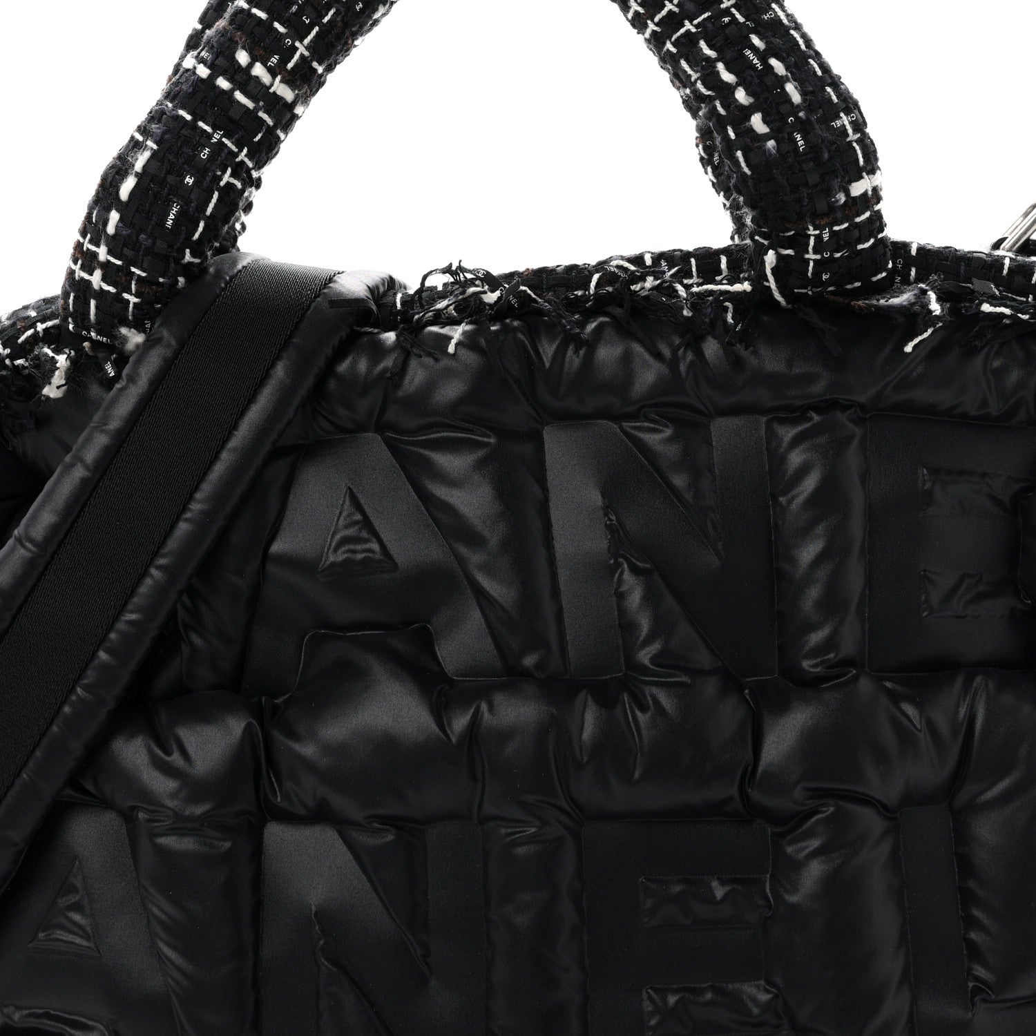 Chanel Tweed Nylon Embossed Large Doudoune Bowling Bag Black 8 of 11