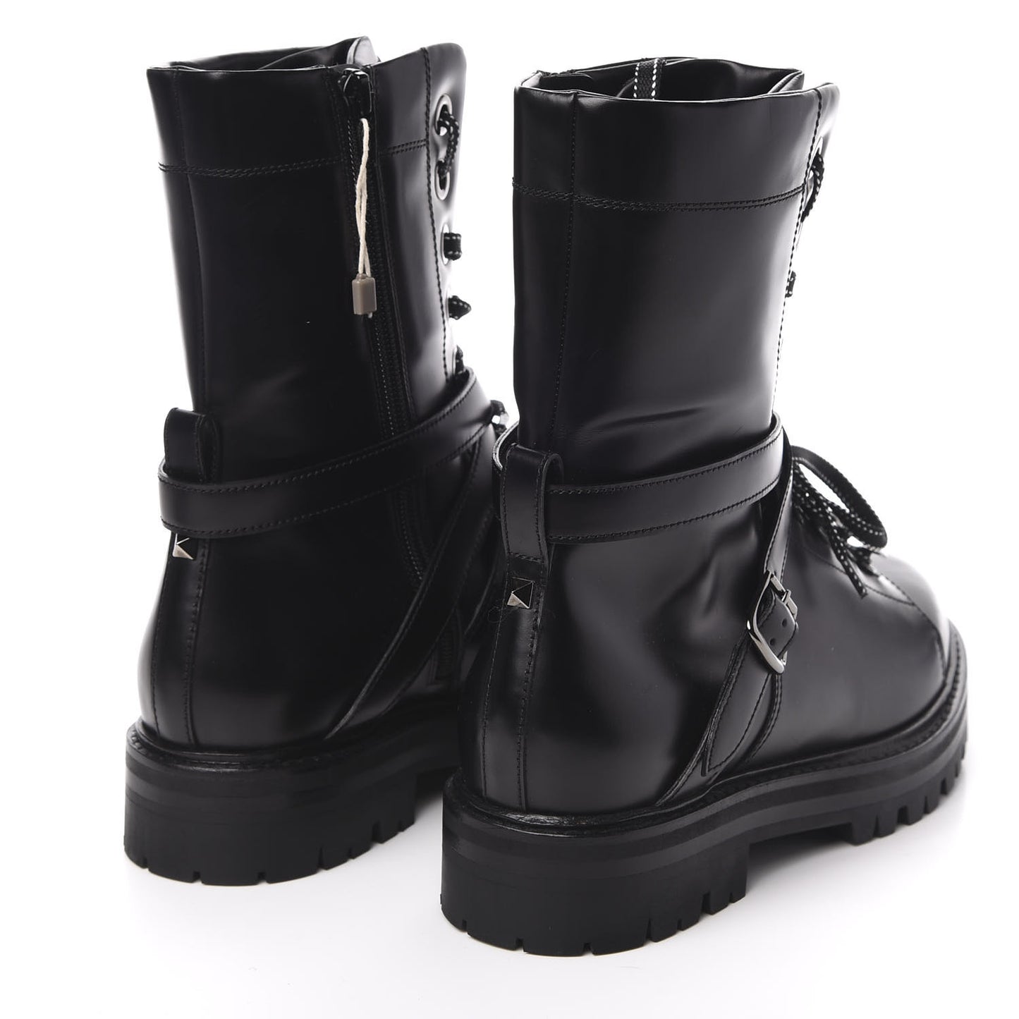 Smooth Calfskin Rockstud Buckled 25mm Combat Boots 38 Black