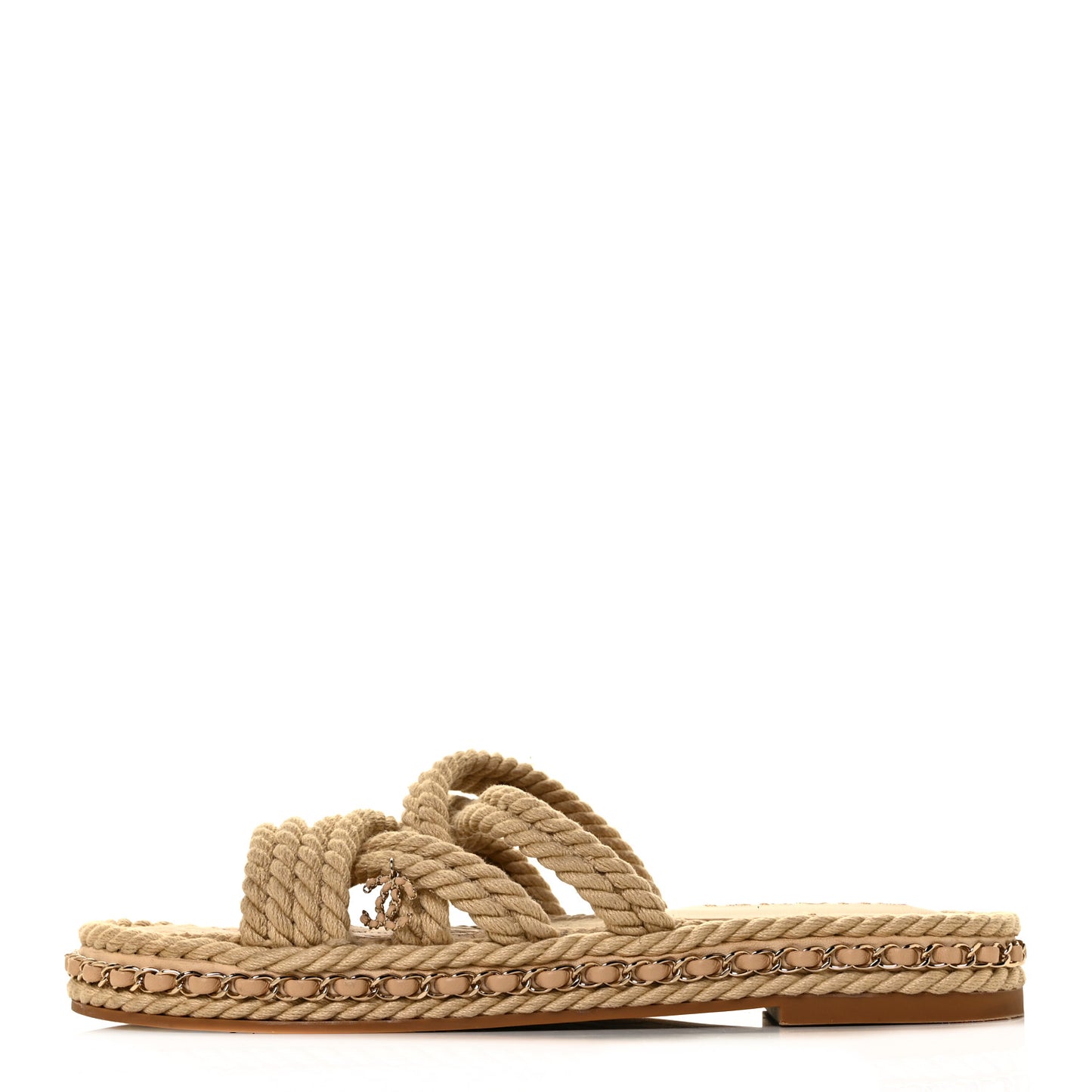 Cord Lambskin Chain Slide Sandals 39 Beige
