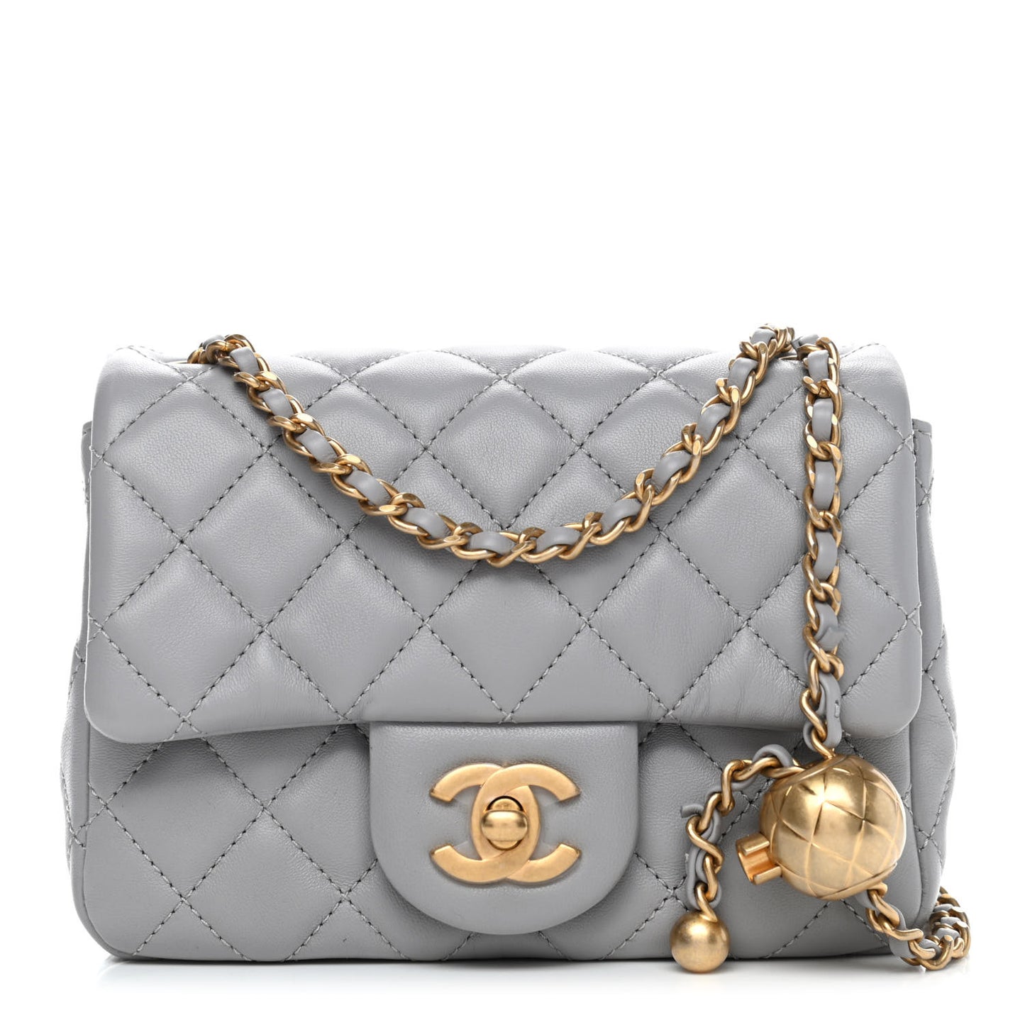 Lambskin Quilted Mini Pearl Crush Flap Light Grey
