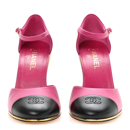 Chanel Lambskin Cap Toe Open Wedge Pumps 40 Fuchsia Black 3 of 9
