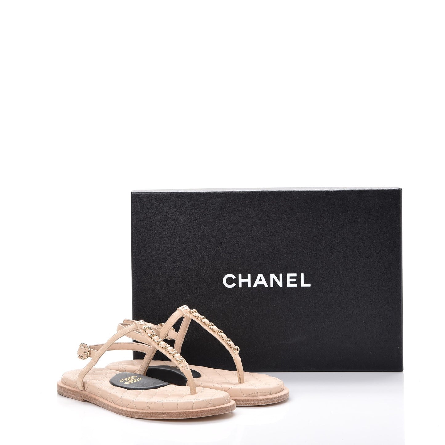 Lambskin CC Chain Thong Sandals 35 Beige
