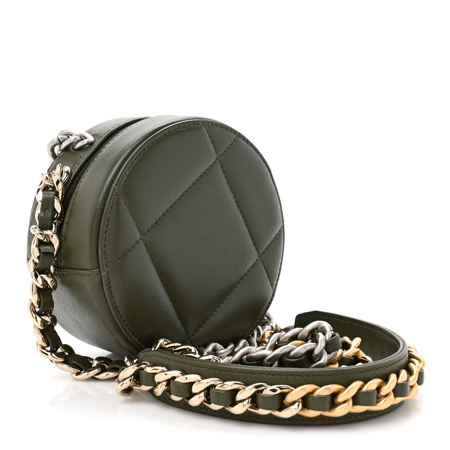 Lambskin Quilted Chanel 19 Round Clutch With Chain Khaki
