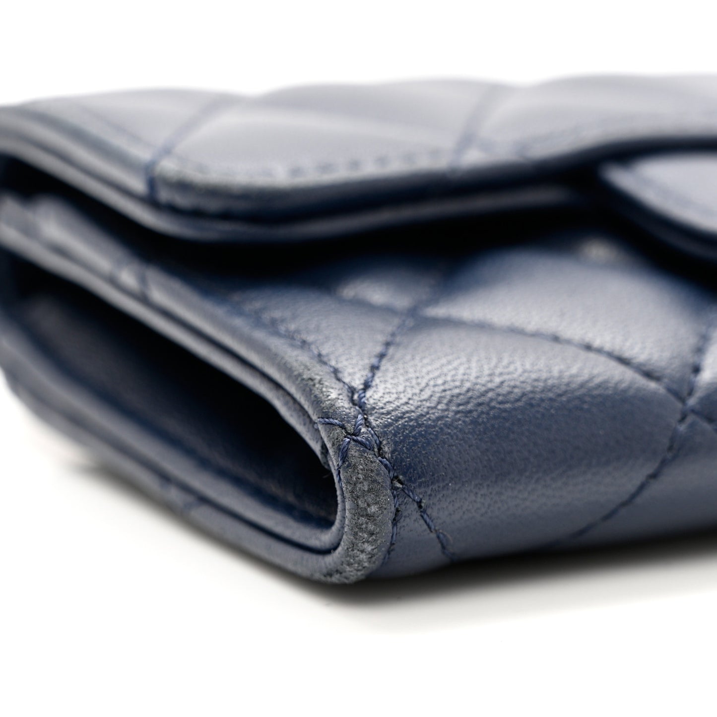 Lambskin Quilted Flap Card Holder Wallet Navy