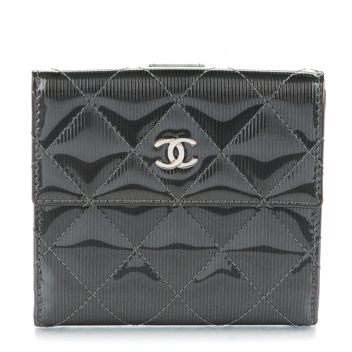 Striated Patent Quilted Compact French Flap Wallet Grey
