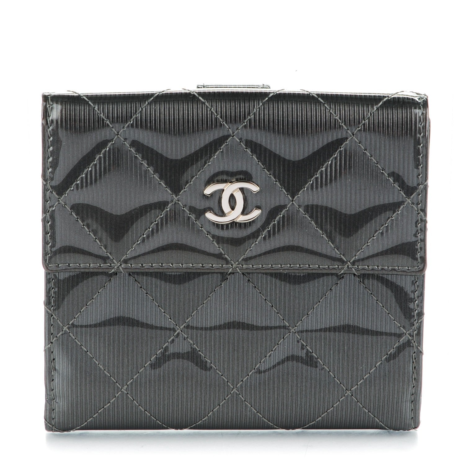 Chanel Striated Patent Quilted Compact French Flap Wallet Grey 1 of 8