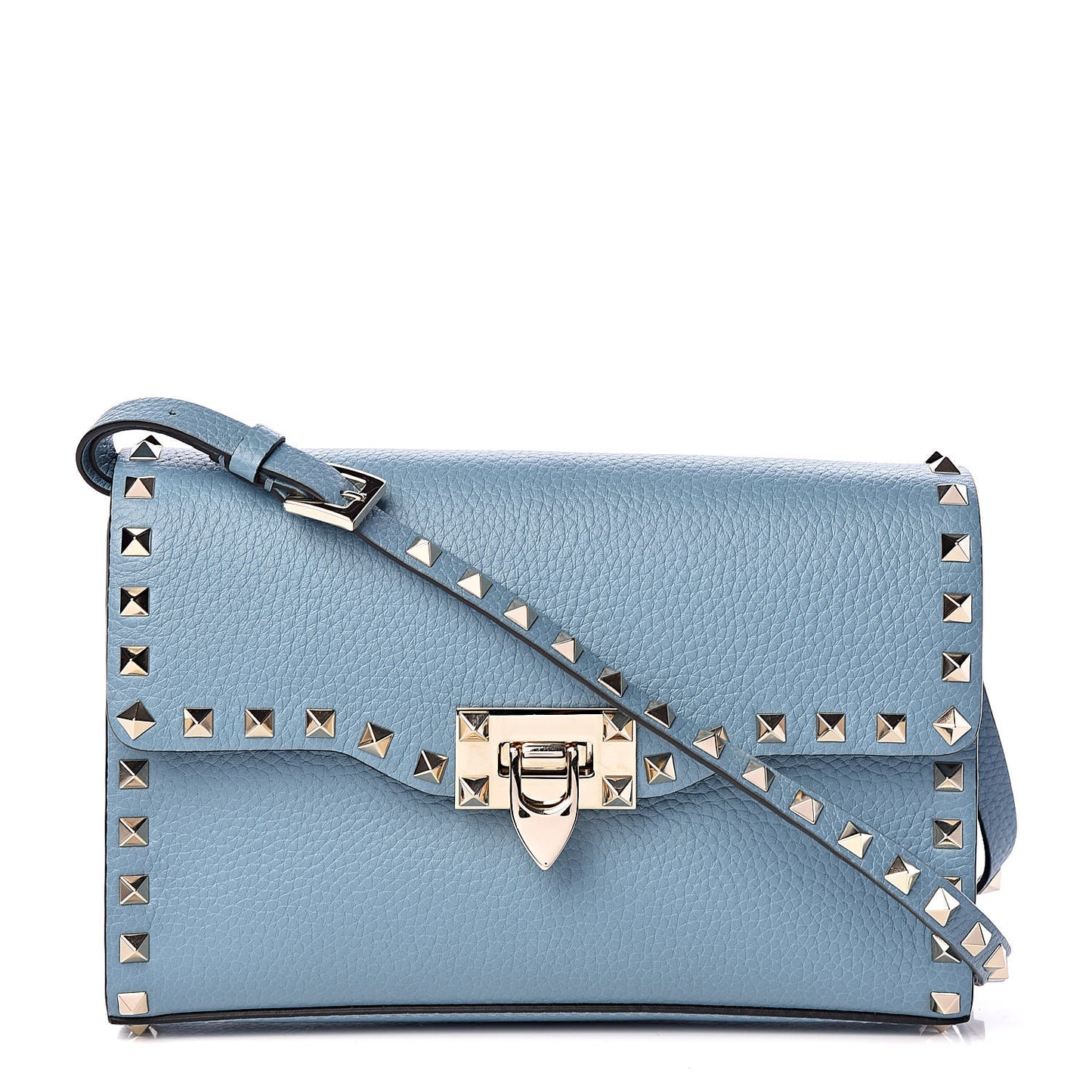 Pebbled Calfskin Medium Rockstud Flip Lock Crossbody Bag Light Blue