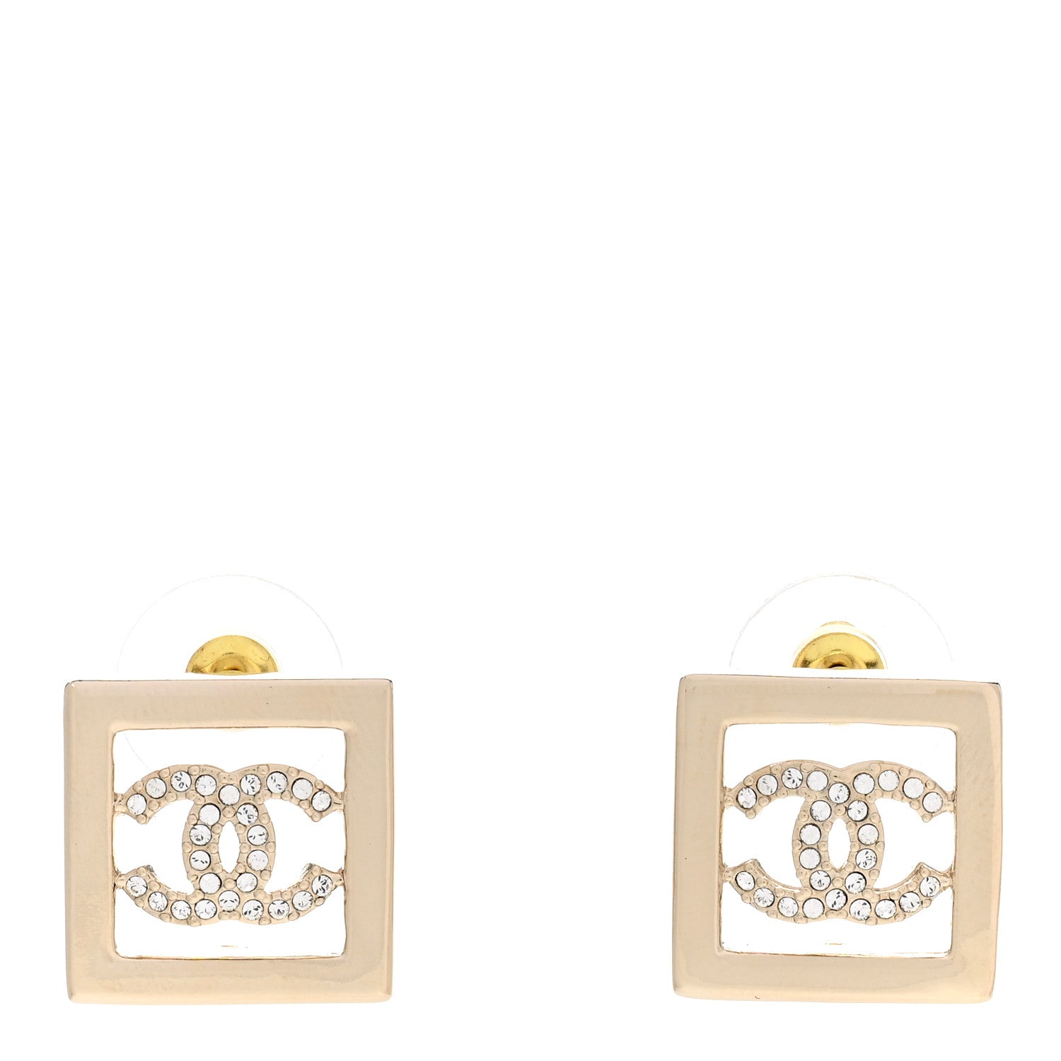 Chanel Metal Crystal Square CC Earrings Gold 1 of 5