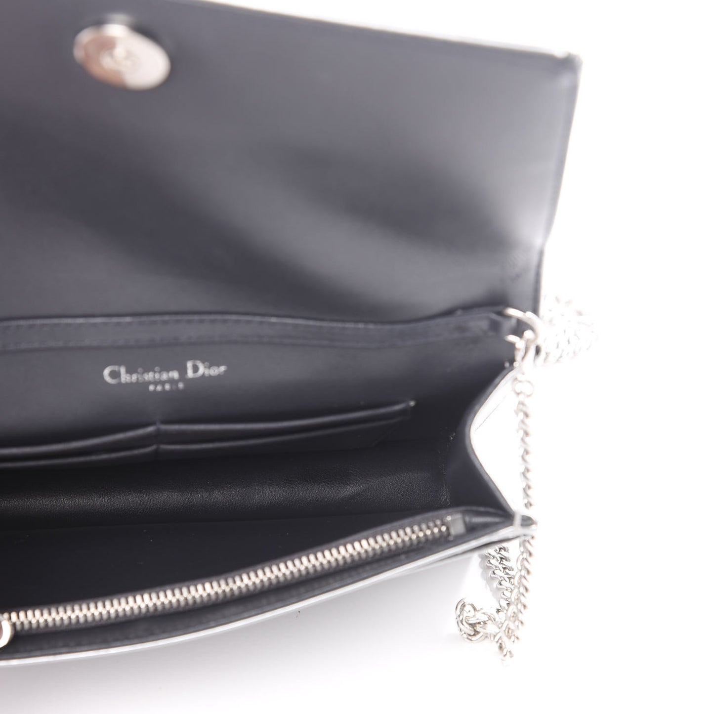 Metallic Patent Micro-Cannage Diorama Wallet on Chain Pouch Silver