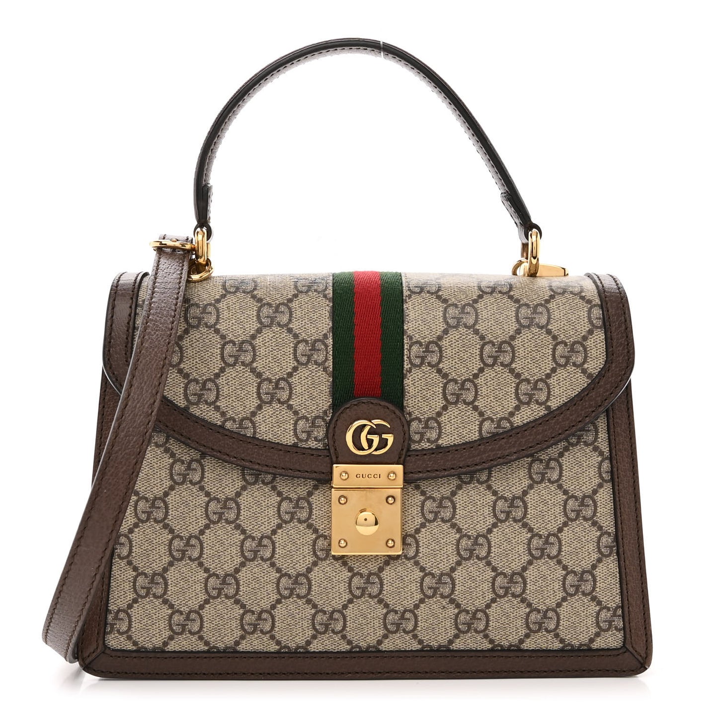 GG Supreme Monogram Textured Dollar Calfskin Web Small Ophidia Padlock Top Handle Bag Beige Ebony New Acero