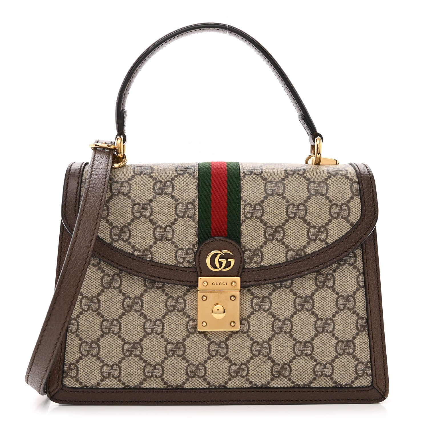 Gucci GG Supreme Monogram Textured Dollar Calfskin Web Small Ophidia Padlock Top Handle Bag Beige Ebony New Acero 1 of 11