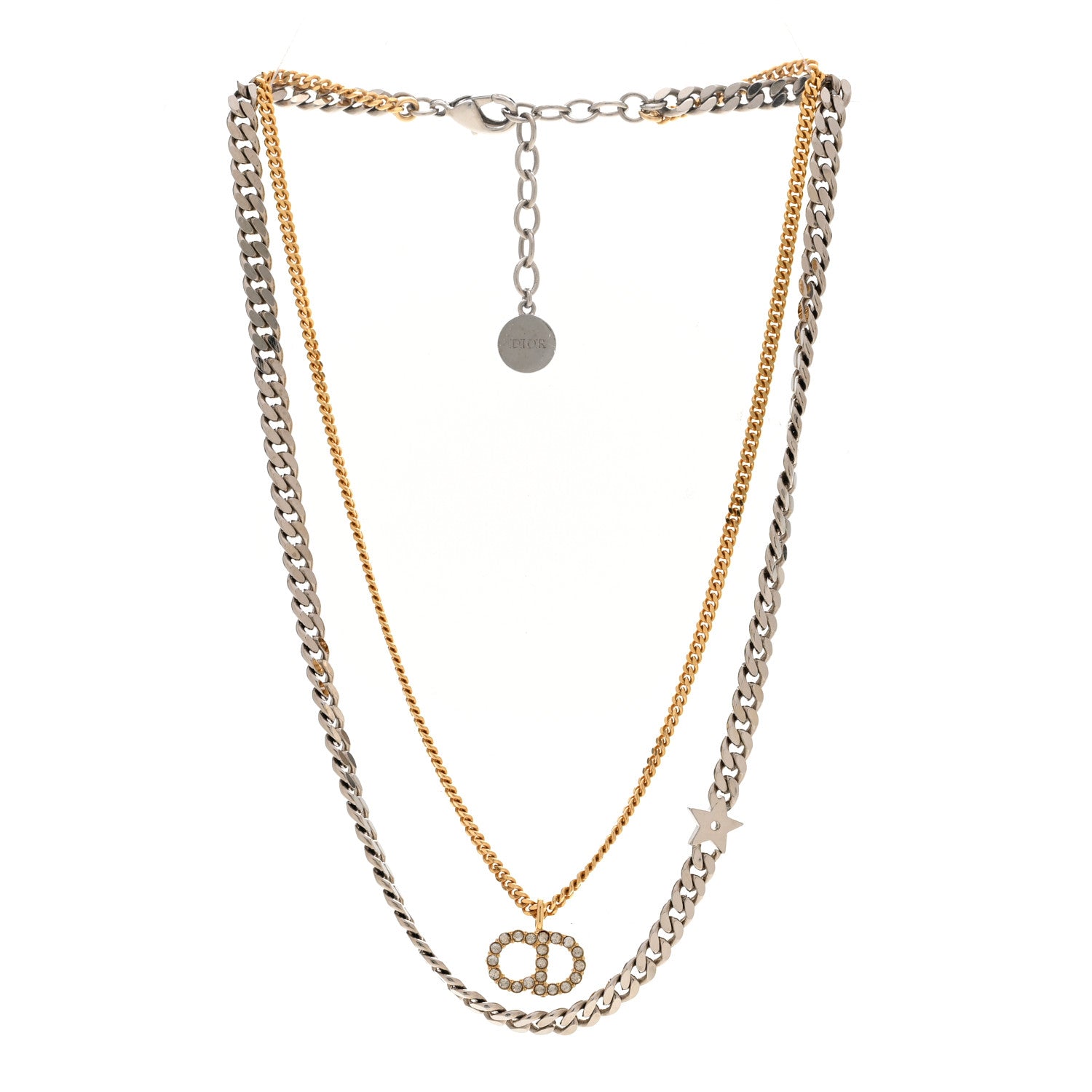 Christian Dior Metal Crystal CD Star Chain Necklace Gold Silver 3 of 7