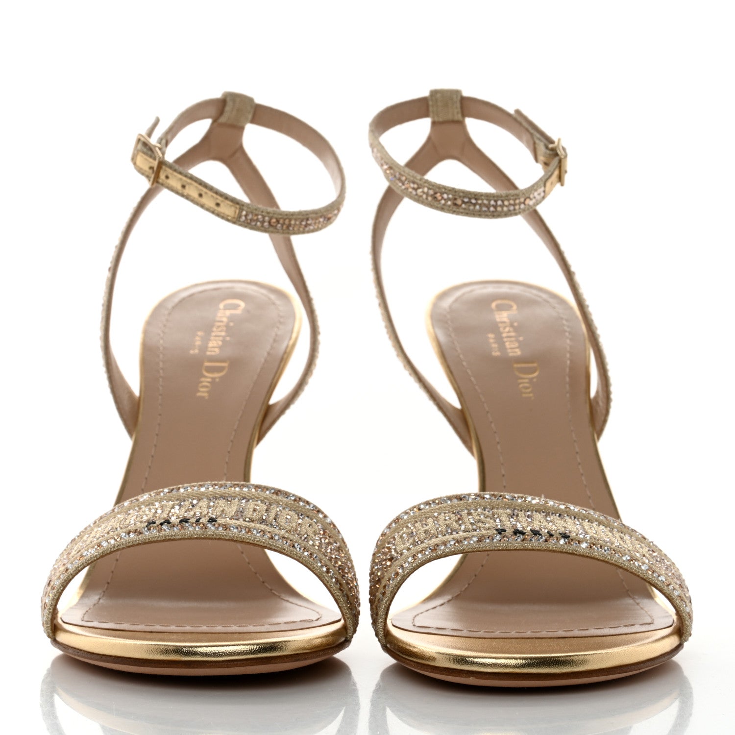 Christian Dior Laminated Calfskin Crystal Embroidered Dway 100mm Sandals 40 Gold 2 of 9