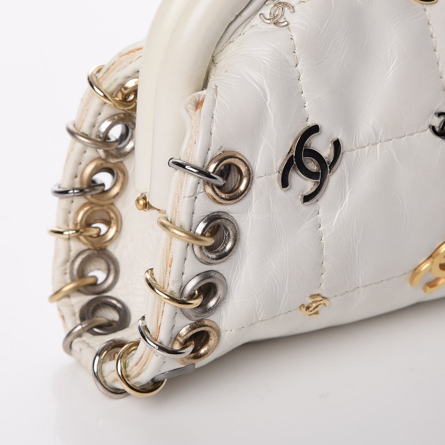 Calfskin Square Quilted Grommet Embellished Piercing Chic Clutch White