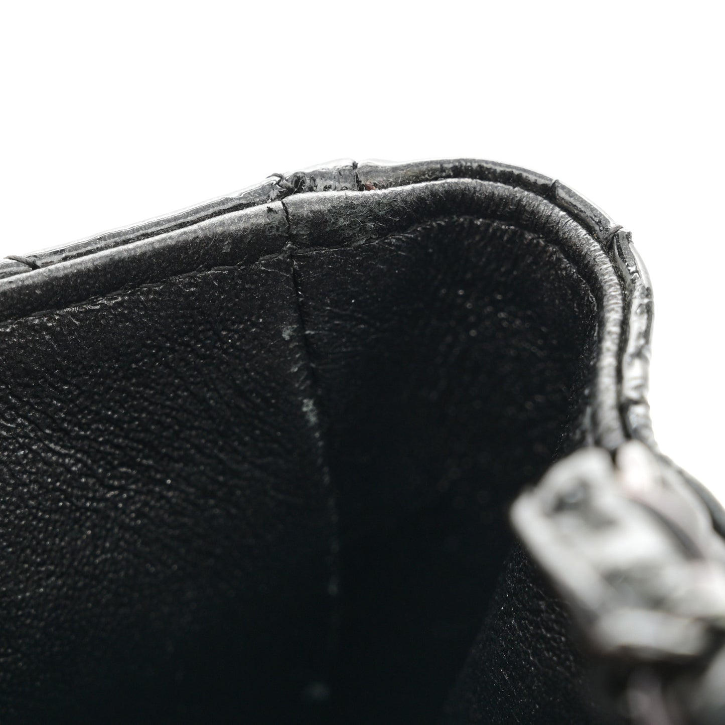 Metallic Patent Crumpled Calfskin Chevron Quilted Mini Square Flap Black