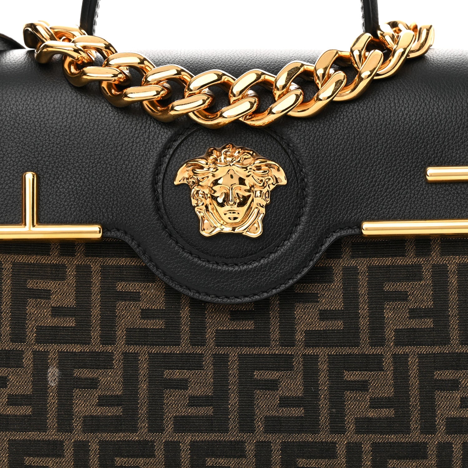 Versace X FENDI Grained Calfskin Fendace Medium La Medusa Top Handle Bag Black Brown 7 of 12