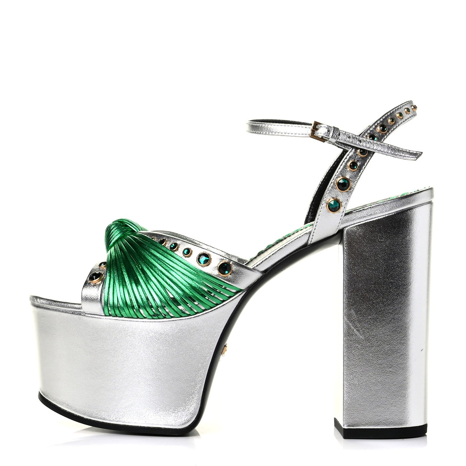 Gucci Metallic Nappa Crawford Knotted Strap Platform Sandals 37 Argento Green 1 of 6