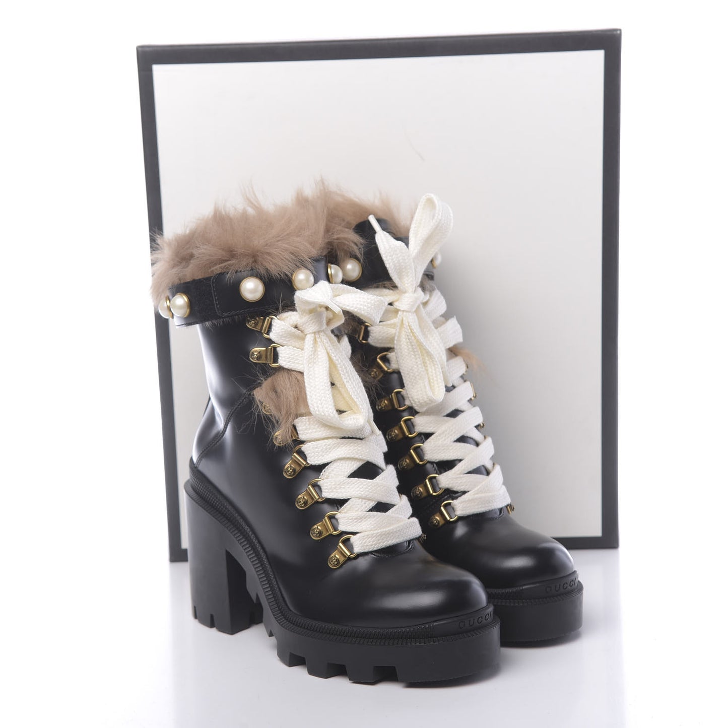 Magnum Calfskin Fur Pearl Lace Up Combat Ankle Boots 36.5 Black Naturale