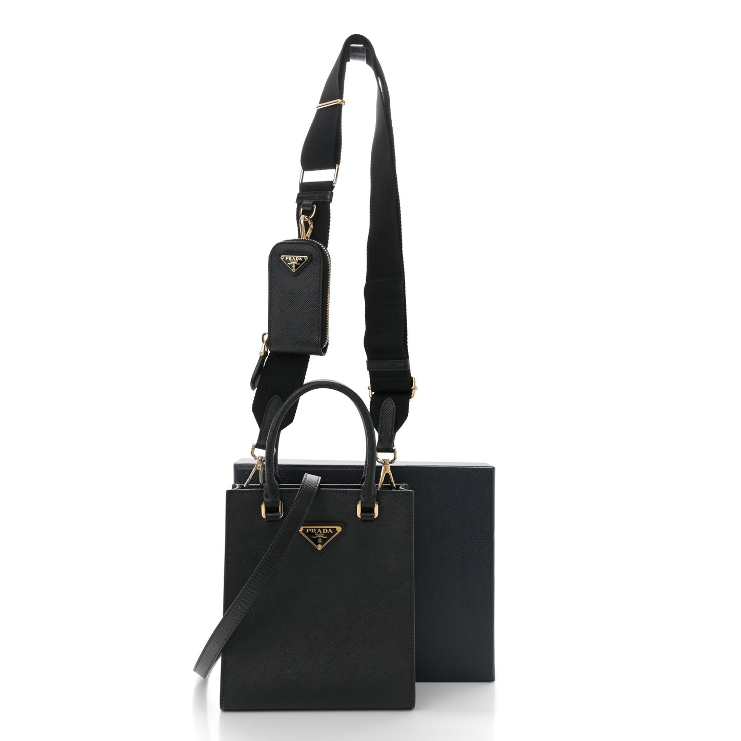 Saffiano Lux Triangle Small Double Handle Crossbody Tote Black