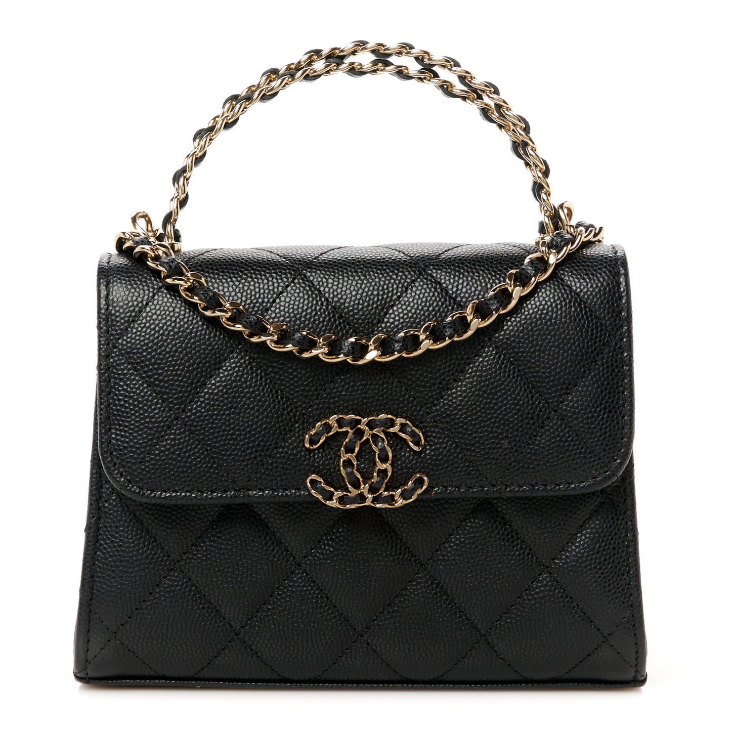 Caviar Quilted Double Chain Top Handle Flap With Chain Black