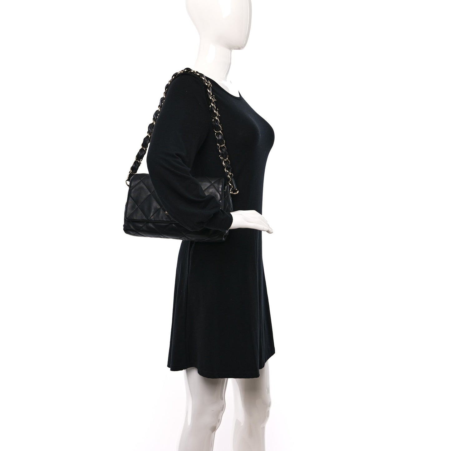 Lambskin Quilted Logo Strap Flap Black