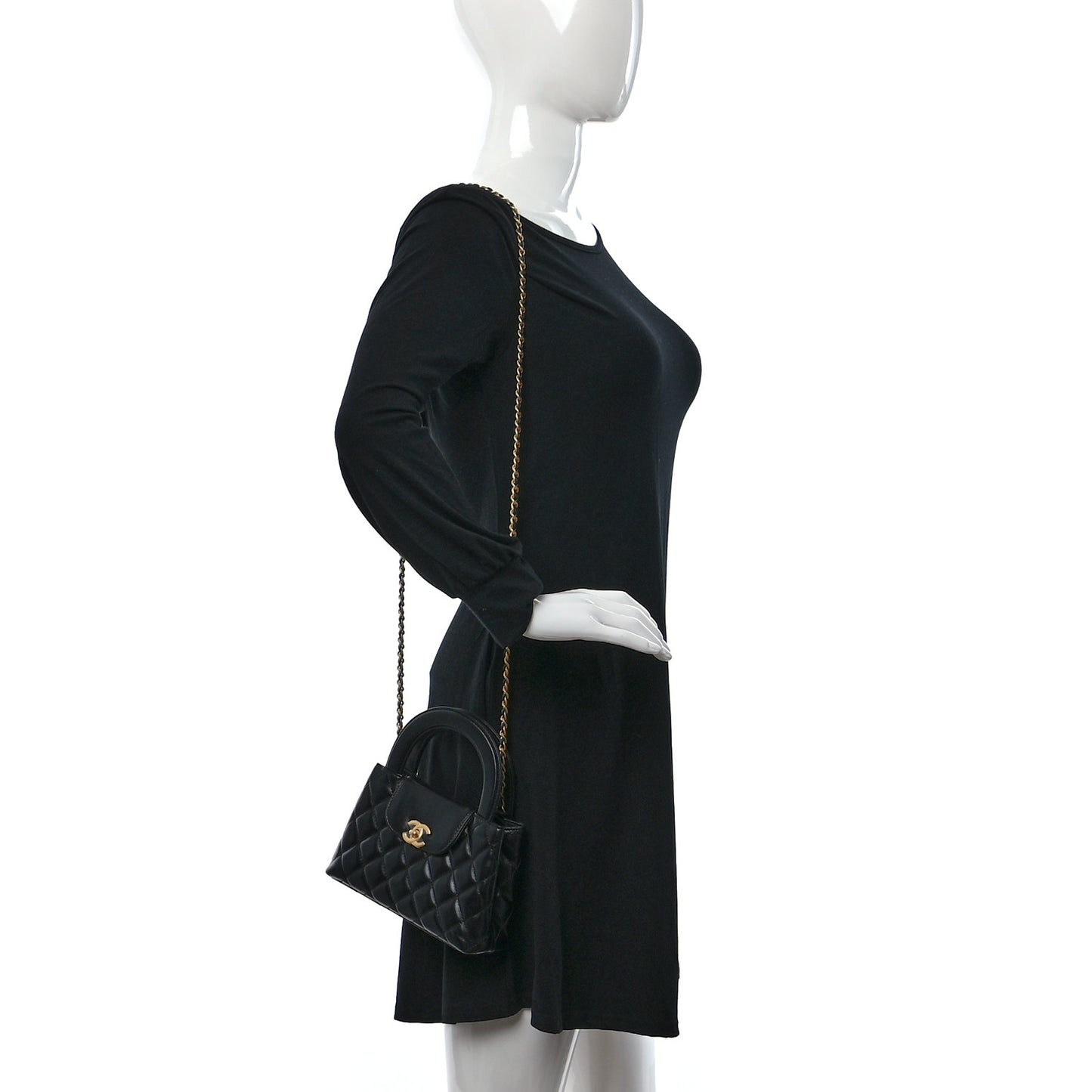 Shiny Aged Calfskin Quilted Nano Kelly Shopper Black