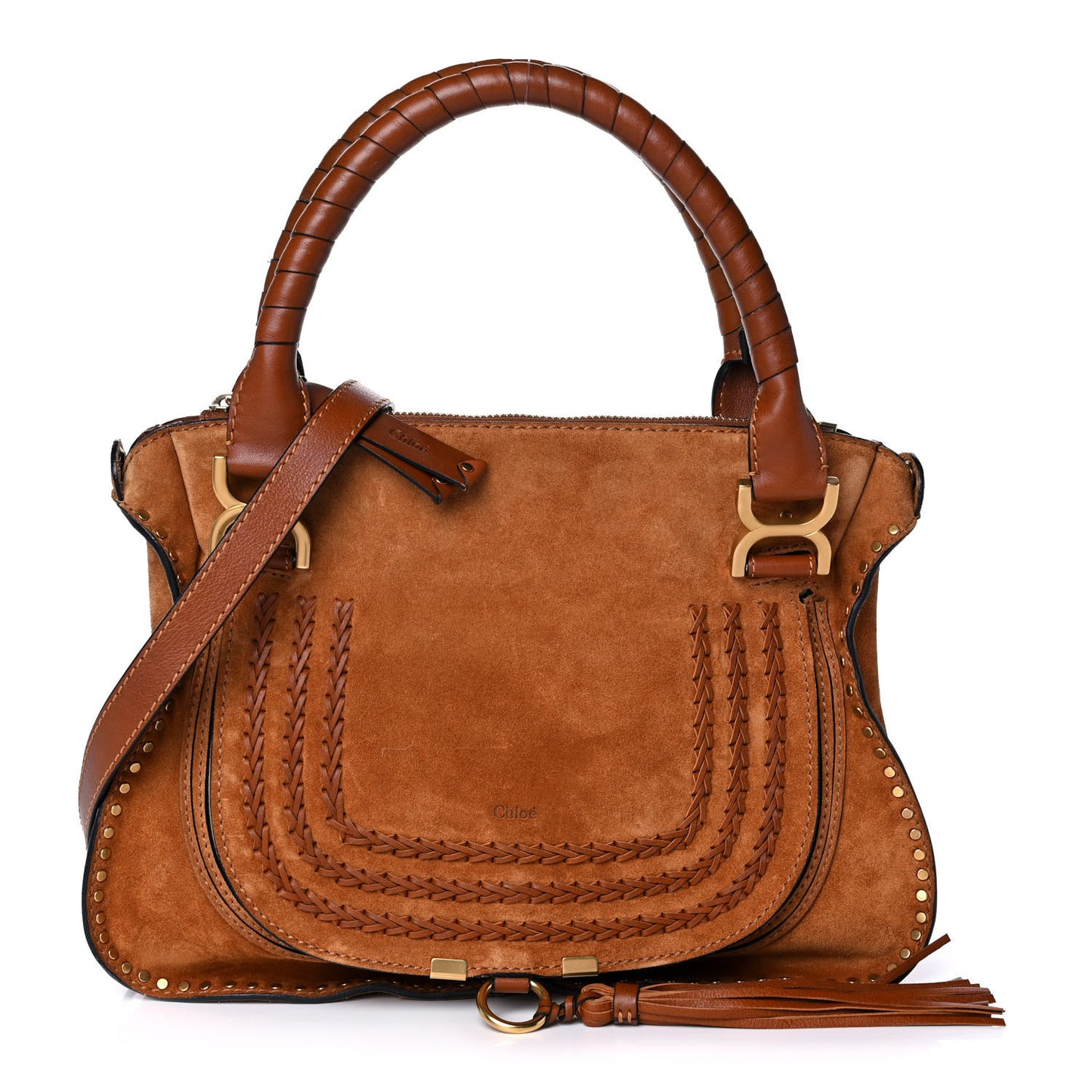 Suede Calfskin Braided Medium Marcie Satchel Caramel