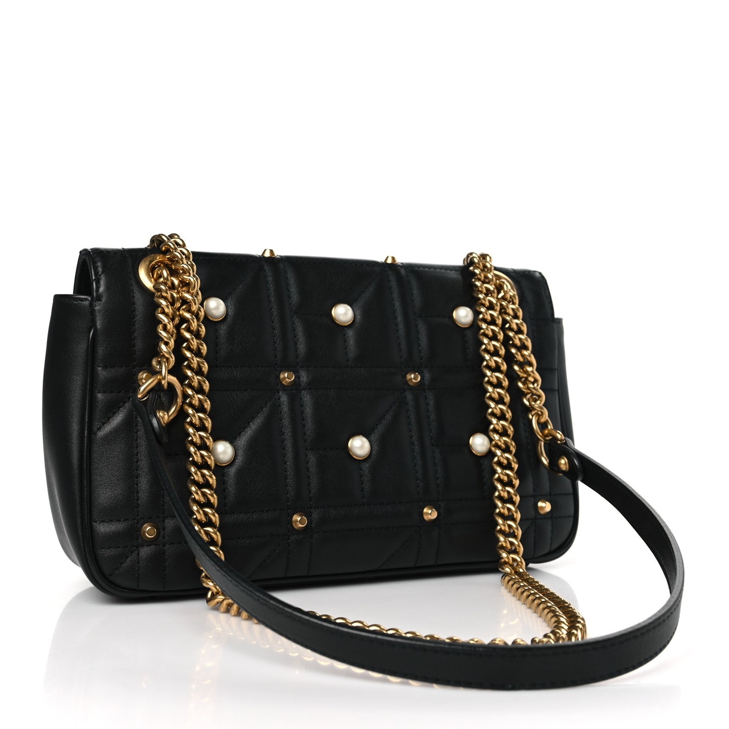 Calfskin Matelasse Studded Small Pearly GG Marmont Shoulder Bag Black