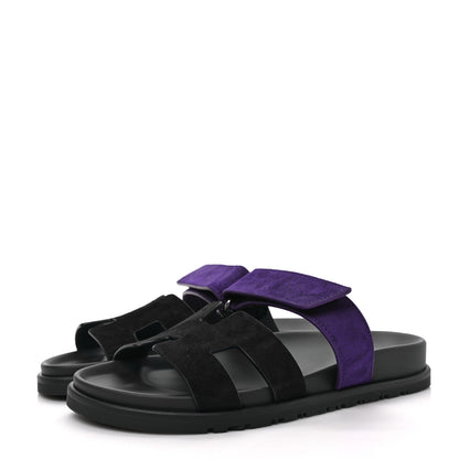 Hermes Suede Goatskin Womens Chypre Sandals 37.5 Marine Violet Majorette 3 of 7