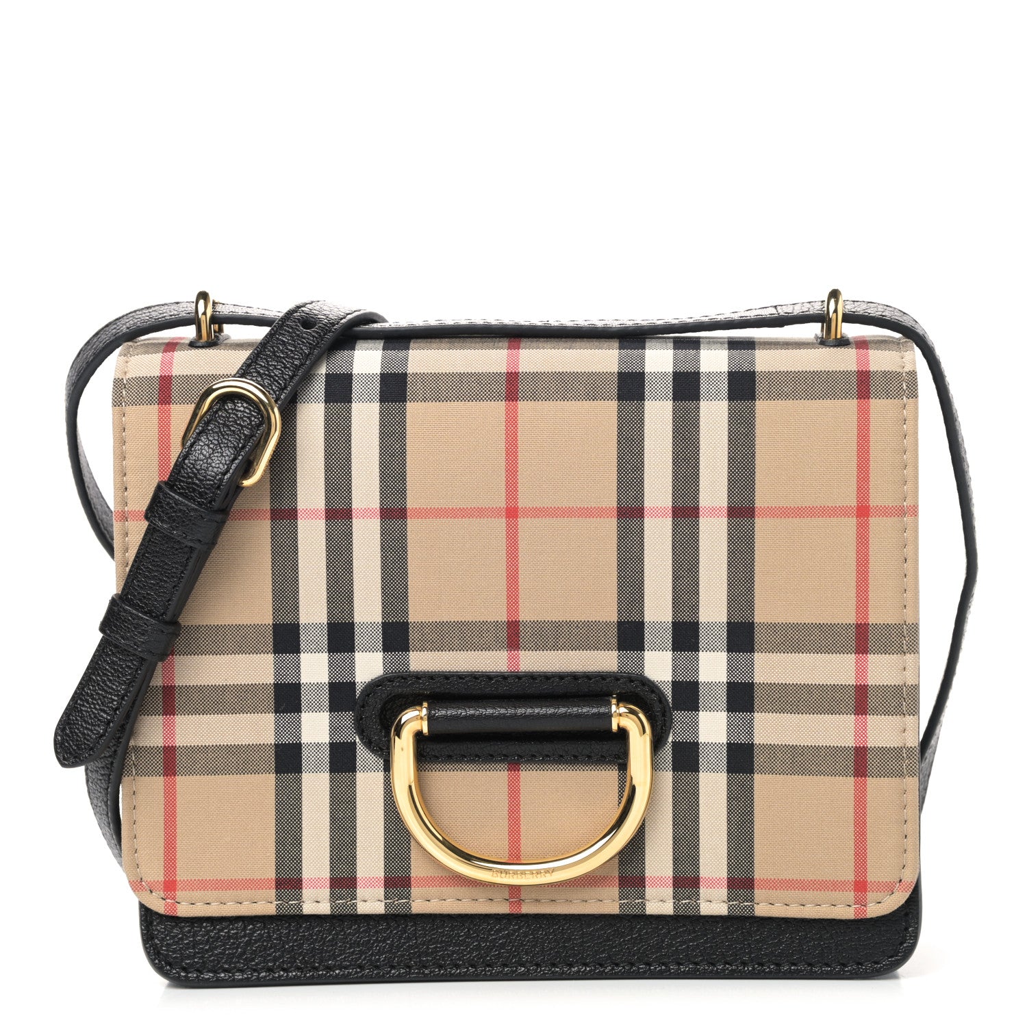 Burberry Goatskin Cotton Canvas Vintage Check Small D-Ring Bag Black Antique Yellow 1 of 10