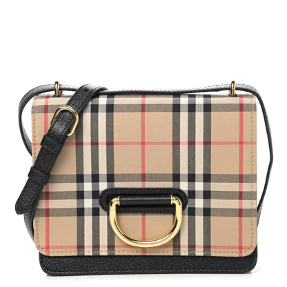Burberry Goatskin Cotton Canvas Vintage Check Small D-Ring Bag Black Antique Yellow 1 of 10
